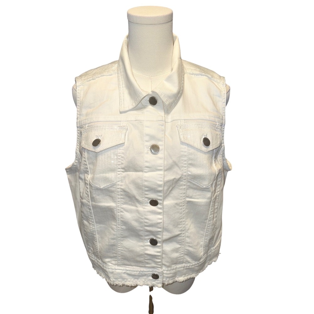 Chicos Platinum White Sequin Distressed Denim Vest Women's US size 12 or Chico 2